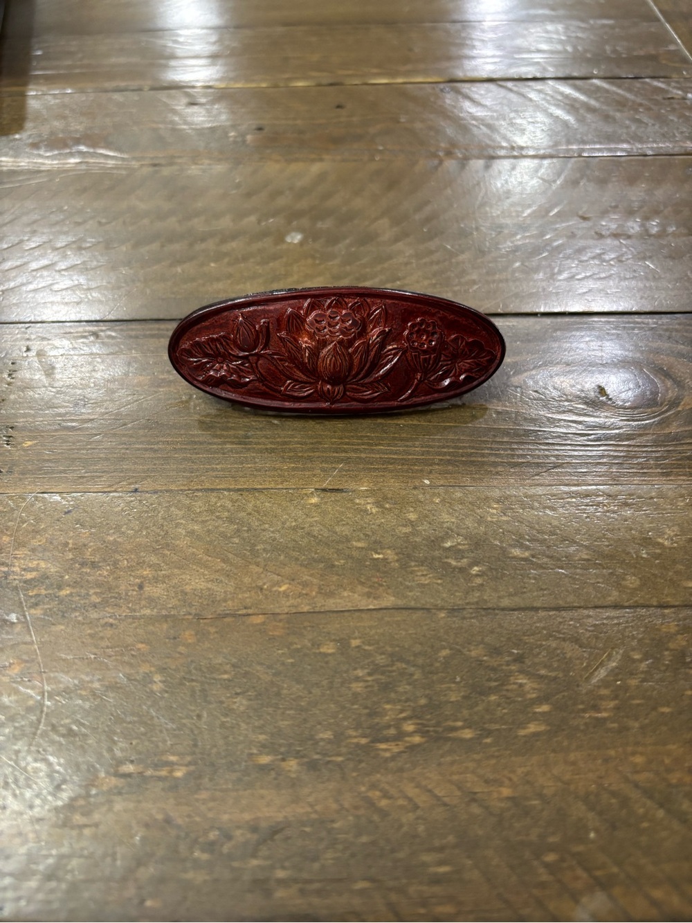 Carved Oval Floral Hair Barrette - Dark Wood